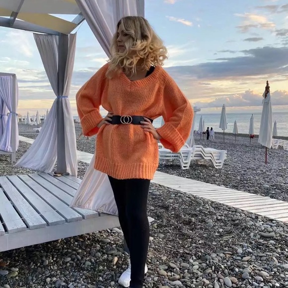 Sweater knit wide sleeve cream white black V-neck womens loose top - Picture 7 of 14